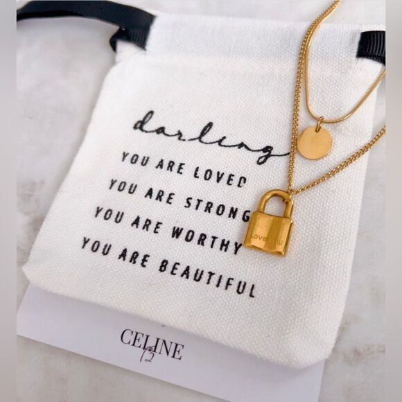 CELINE13 Women’s Lock Charm Layered Necklace Stainless Steel Pouch Included - Picture 1 of 2